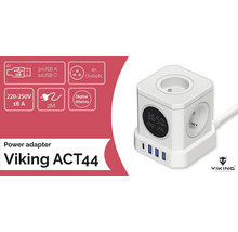 Rozbočovacia kocka Viking ACT44 so štyrmi zásuvkami, štyrmi portami USB a digitálnym displejom