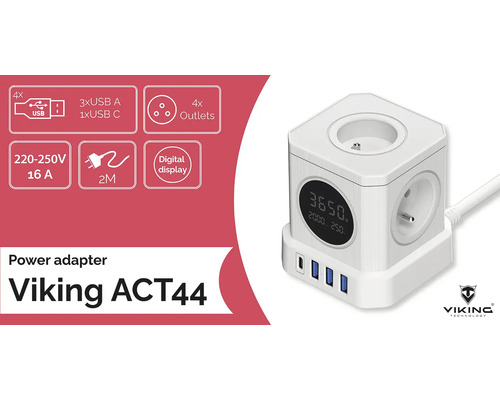 Rozbočovacia kocka Viking ACT44 so štyrmi zásuvkami, štyrmi portami USB a digitálnym displejom