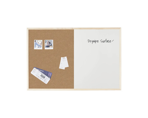 Kombinácia korkovej tabule a tabule s mazateľným povrchom v drevenom ráme