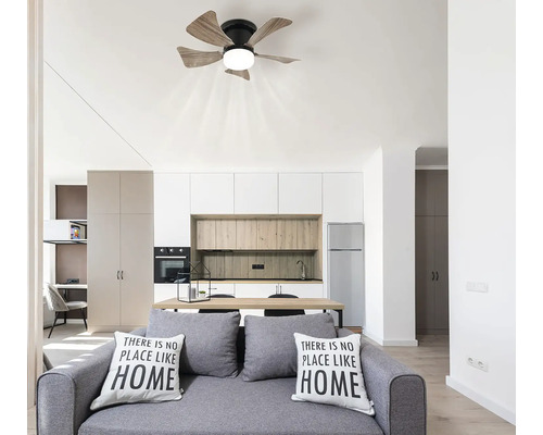 Obývacia izba so stropným ventilátorom, pohovkou a kuchyňou