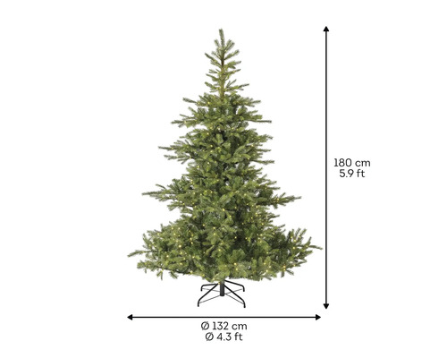 Umelý vianočný stromček s výškou 180 cm a priemerom 132 cm.