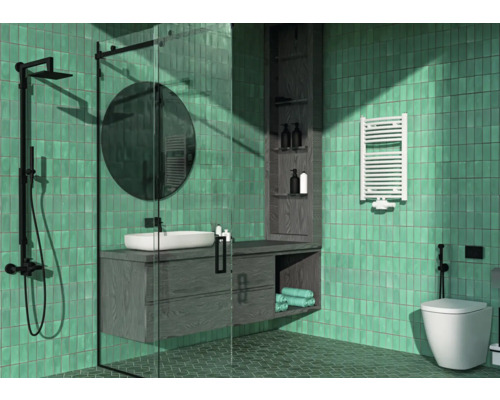 Moderná kúpeľňa so sprchou, umývadlom, zrkadlom, regálom a radiátorom na uteráky