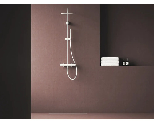 Sprchový systém s hlavovou sprchou, ručnou sprchou, sprchovou tyčou a termostatickou batériou v kúpeľni.