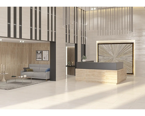 Interiér s recepciou, posedením a dekoratívnymi prvkami