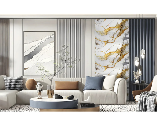 Obývacia izba s pohovkou, konferenčným stolíkom a nástennými maľbami.