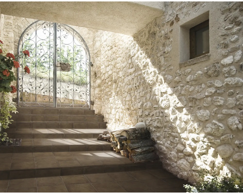 Vstupný priestor s kamenným schodiskom, kovovou bránou a murivom z prírodného kameňa.