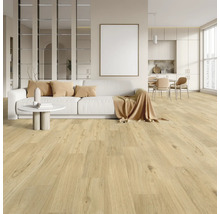 Svetlá obývacia izba s drevenou podlahou, pohovkou, stolom a kuchynským kútom.