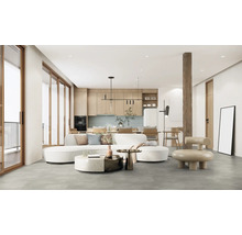 Obývacia izba s pohovkou, kuchynským pultom a drevenými prvkami pre moderné bývanie