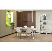 Jedáleň s jedálenským stolom, stoličkami a regálom