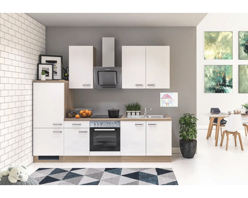 Kuchynský blok Flex Well Valero 270 cm farba čela biela vysoko lesklá farba korpusu sonoma dub