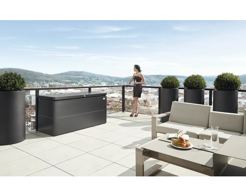 Záhradný box na podušky Biohort LoungeBox 200, 200x84x88,5 cm tmavosivý metalický Terasa s úložným boxom, kvetináčmi a sedením