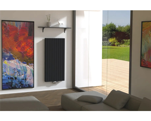 Moderná obývacia izba s čiernym radiátorom, umeleckým dielom a výhľadom do zelene.