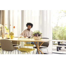 Svetlá jedáleň s jedálenským stolom, stoličkami a osobou, ktorá píše