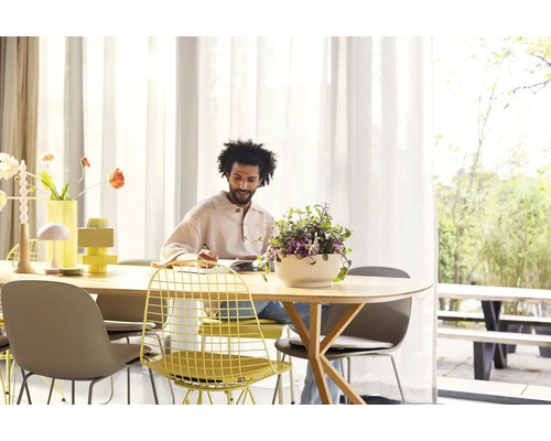 Svetlá jedáleň s jedálenským stolom, stoličkami a osobou, ktorá píše