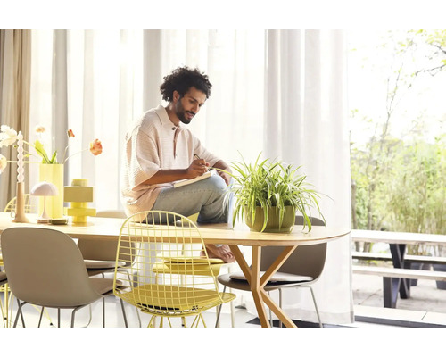 Svetlá izba s jedálenským stolom, stoličkami a osobou sediacou na stole a píšucou