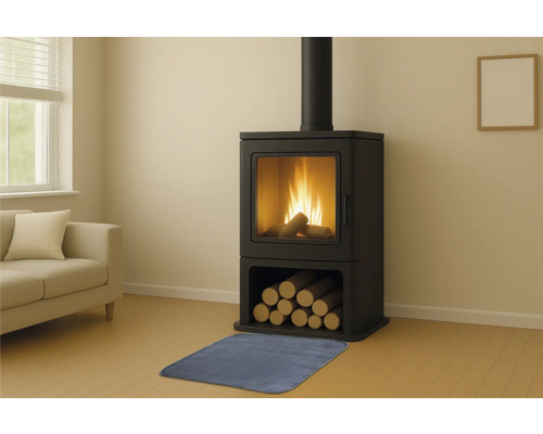 Krbové kachle s polenami a podložkou v obývacej izbe.