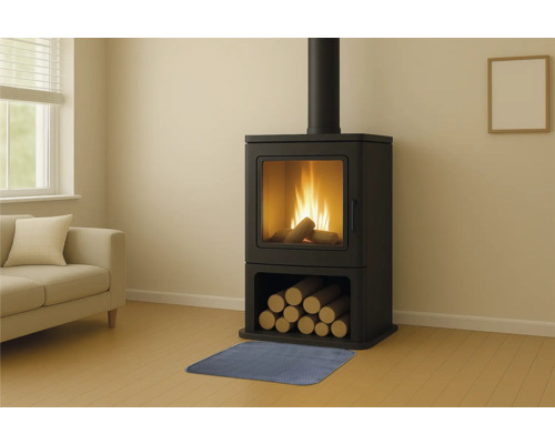 Obývacia izba s krbovými kachľami, polenami a podložkou pred krb