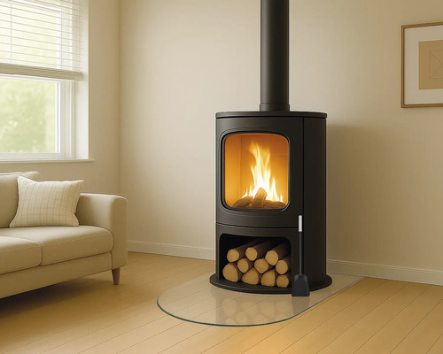 Horiaci krb v obývacej izbe s polenami a súpravou na údržbu krbu