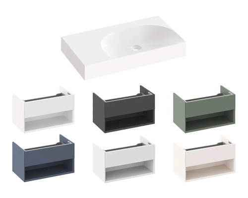 Umývadlová doska a rôzne umývadlové skrinky pre kúpeľňu