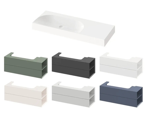 Umývadlo s umývadlovými skrinkami v rôznych farbách