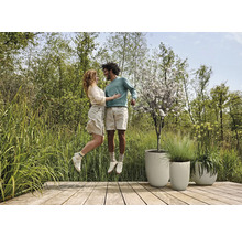 Scéna s párom na drevenej terase vedľa štruktúrovaných kvetináčov a záhrady