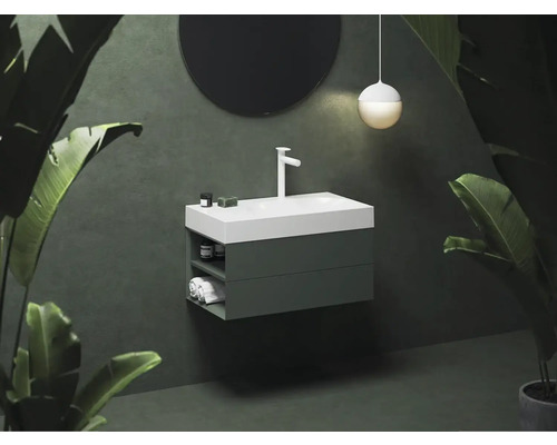 Kúpeľňa s umývadlovou skrinkou, zrkadlom a izbovými rastlinami.