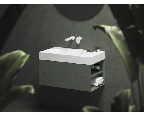 Skrinka pod umývadlo s dvomi zásuvkami a úložným priestorom na kúpeľňové doplnky.