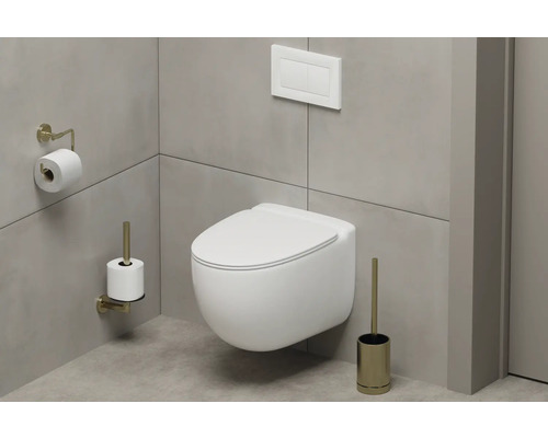 Moderná kúpeľňa so závesným WC, ovládacím panelom, držiakom toaletného papiera a WC kefou