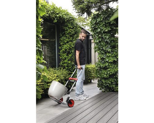 Muž prepravuje kvetináč s rudlom v záhrade.