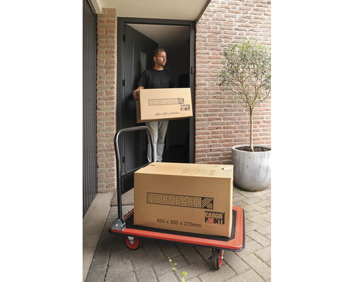 Muž nesie balík Hornbach na vozíku