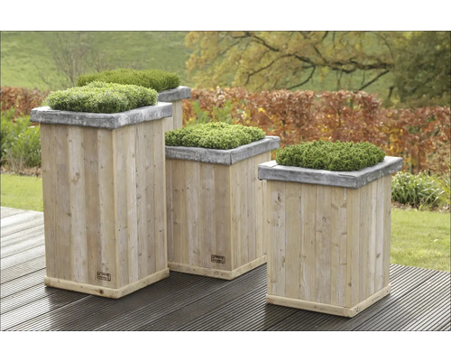 Niekoľko drevených kvetináčov so zelenými rastlinami v záhrade.