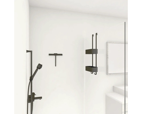 Kúpeľňa so sprchovou armatúrou, stierkou a sprchovou policou