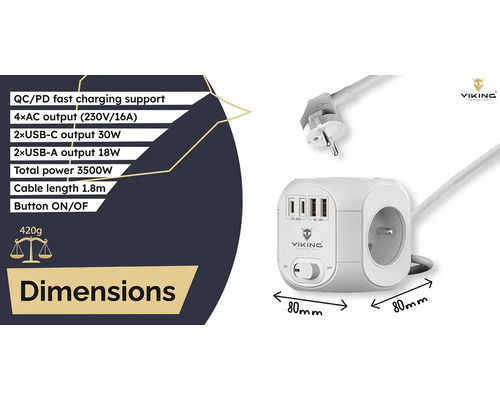 Predlžovací prívod s USB portami a sieťovou zástrčkou od spoločnosti Viking Technology