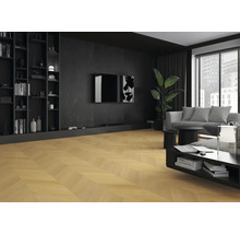 Obývacia izba so svetlohnedou parketovou podlahou do rybej kosti, čiernou knižnicou a pohovkou