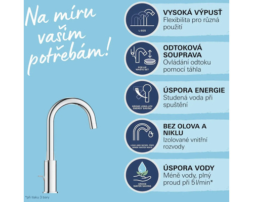 Produktová fotografia s informáciami o vlastnostiach batérie, ako je výška výtoku, odtoková súprava, funkcie na úsporu energie a vody a vnútorné vodovodné cesty bez olova a niklu.