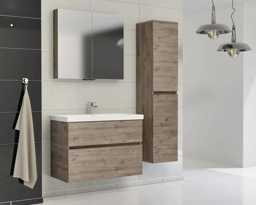 Moderný kúpeľňový komplet s umývadlovou skrinkou, zrkadlovou skrinkou a vysokou skriňou