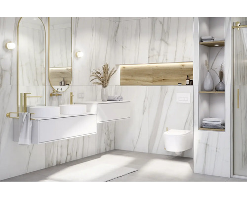 Dlažba Obklad imitácia mramoru LUCCA Bianco Gold mat 120x120 cm Moderná kúpeľňa s dvojitým umývadlom, zrkadlom, toaletou a policami