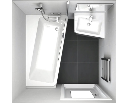 Pohľad zhora na kúpeľňu s vaňou, umývadlom a sprchou