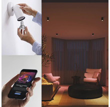 Ilustračná fotografia: osoba vymieňa žiarovku v nástennej lampe, smartfón s ovládaním aplikácie, obývacia izba so stropnými svietidlami.