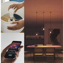 Osoba skrutkuje inteligentnú žiarovku do lampy a ovláda ju pomocou aplikácie.