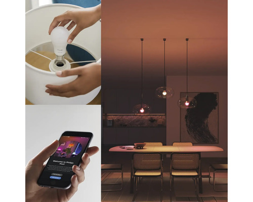 Osoba skrutkuje inteligentnú žiarovku do lampy a ovláda ju pomocou aplikácie.