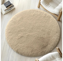 Okrúhly béžový koberec na svetlej drevenej podlahe, obklopený stoličkami a knihami.