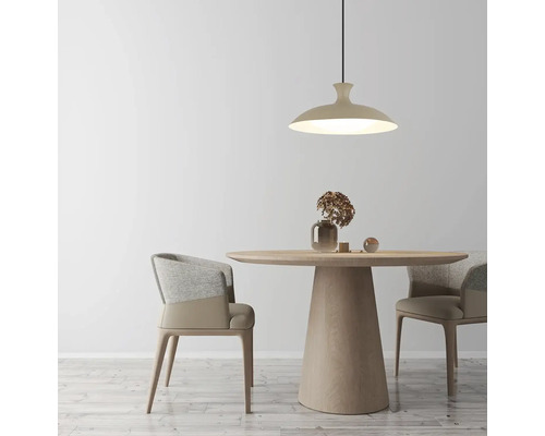 Jedáleň s dreveným stolom, stoličkami a závesnou lampou