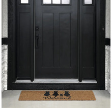 Rohožka pred vchodovými dverami s motívom mačky a nápisom Vitajte