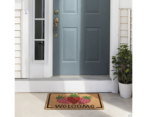 Rohožka s motívom jahôd a nápisom Vitajte pred vchodovými dverami