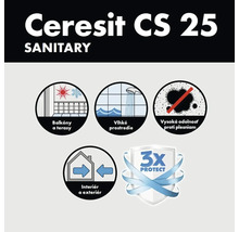 Vlastnosti sanitárneho silikónu Ceresit CS 25: balkóny a terasy, vlhké prostredie, vysoká odolnosť proti plesniam, interiér a exteriér, 3x ochrana