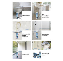 Ukážky použitia tmelu Ceresit CS 25 v kúpeľni, kuchyni, na terase a medzi dlaždicami