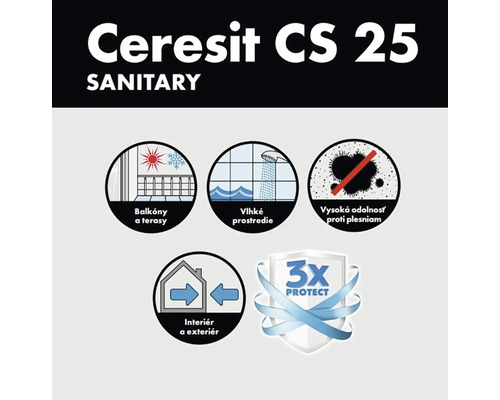 Vlastnosti sanitárneho produktu Ceresit CS 25 pre balkóny, terasy, vlhké priestory, interiéry, exteriéry, odolnosť proti plesniam a 3x ochrana