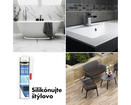 Koláž rôznych kúpeľní a vonkajších priestorov a tuby Ceresit Flexsilicone CS 25