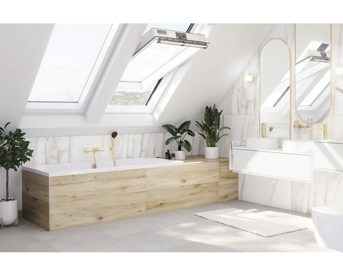 Kúpeľňa s vaňou, strešnými oknami, zrkadlom a rastlinami